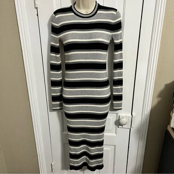 Theory Single Stripe Black Ivory Empire Wool Midi Sweater Dress Size P US XS I - Picture 2 of 7